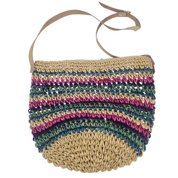 Vintage Handbags - Vintage Crochet Cornhusk Leather Boho Beach Tote Bag Purse Striped Bohemian
